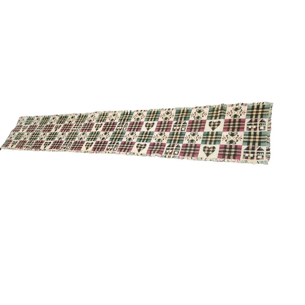 Cabin Chic Rustic Tapestry Table Runner Plaid Hearts Houses 70